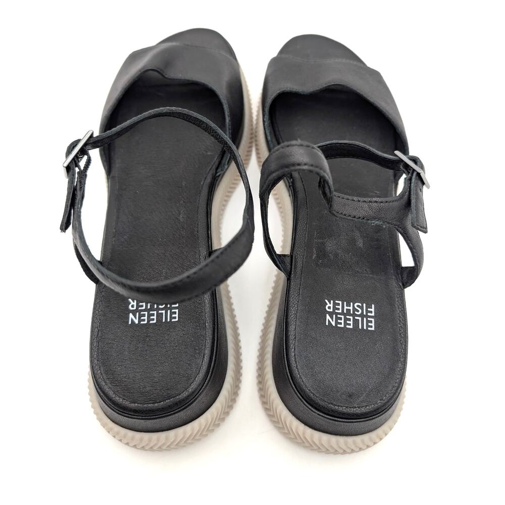 Eileen Fisher Ario Sporty Leather Wedge Sandals Women's Black Size US8 EU38 - Picture 7 of 10